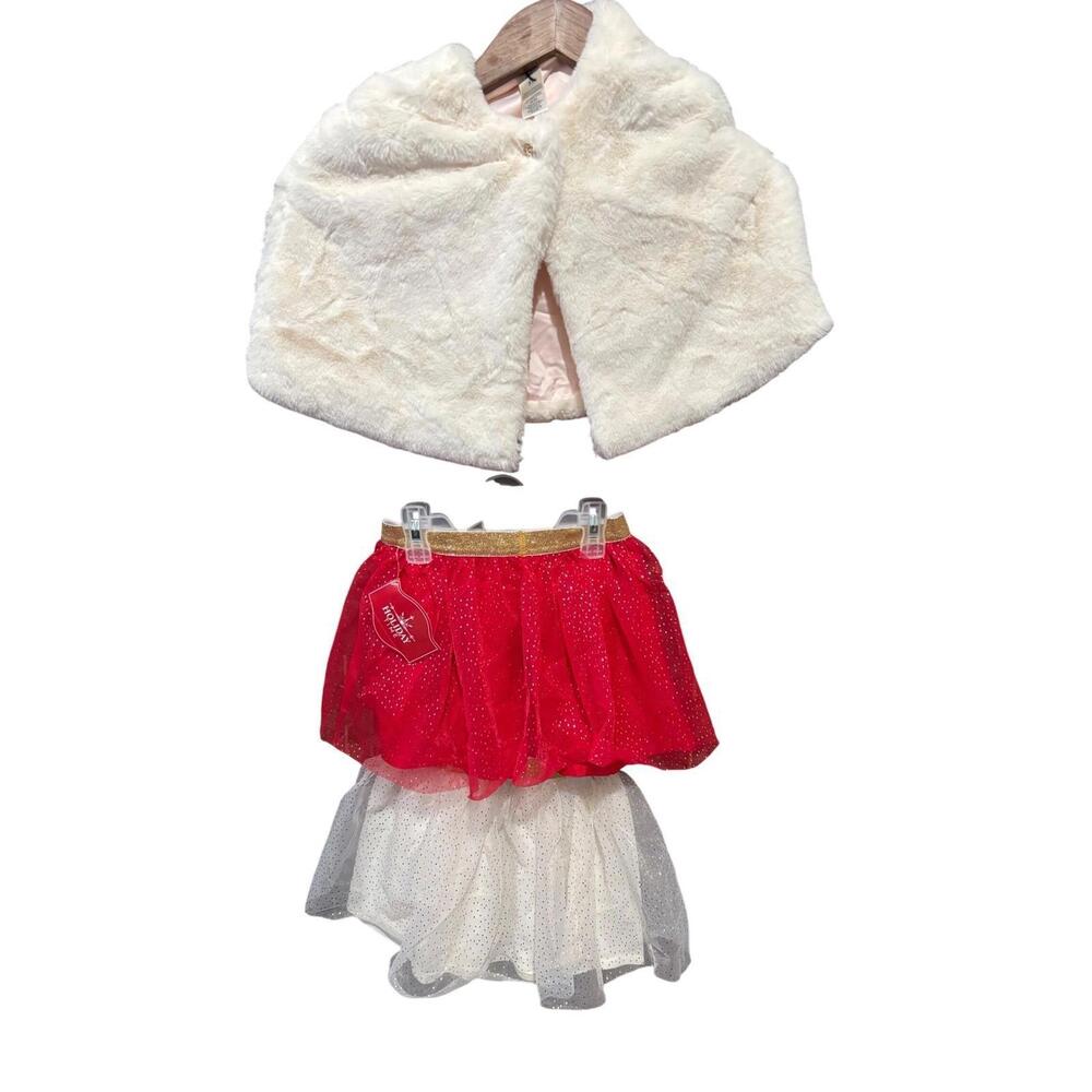 Holiday Time OshKosh Girls 3T Cape Skirt Outfit lot Set Red‎ White Gold Faux Fur